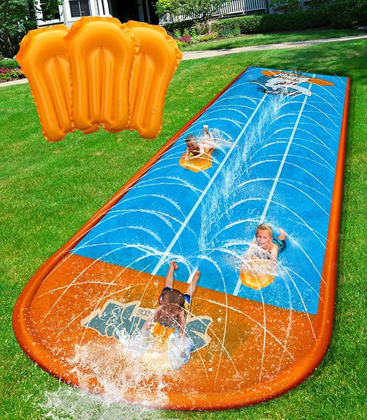Spring Water Slip and Water Slide for Kids Backyard, 17ft*3 Racing Lanes Slip Water Slides with Sprinkler for Age 5-8 8-12, Summer Outdoor Water Toy with 3 Inflatable Bodyboards
