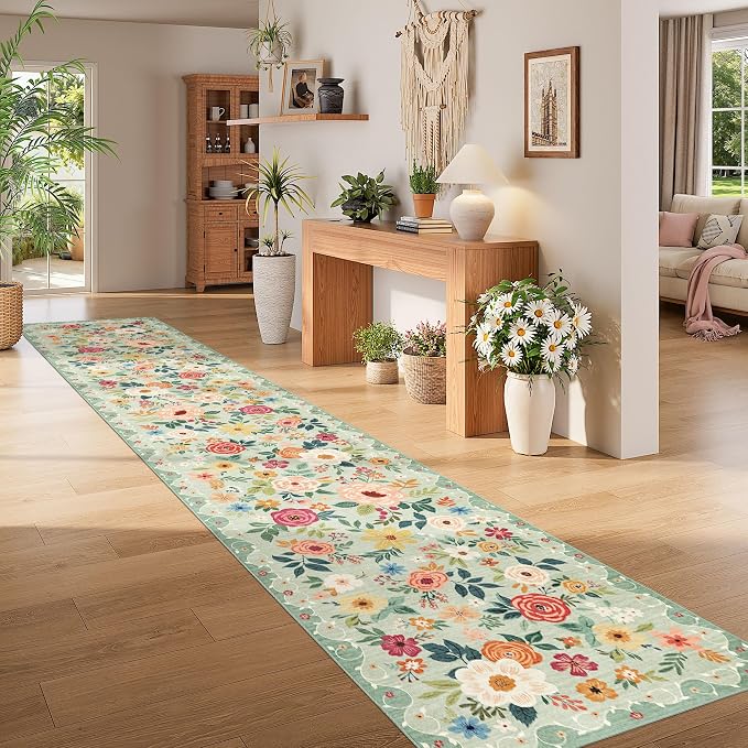 DUKINO 3x16 Runner Rug for Hallway, Non Slip Long Washable Rug, Green | Non Slip, Low Pile, Soft Floral Indoor Runner Rug for Kitchen, Entryway, Bedroom, Bathroom, Pet Friendly, Modern Home Decor