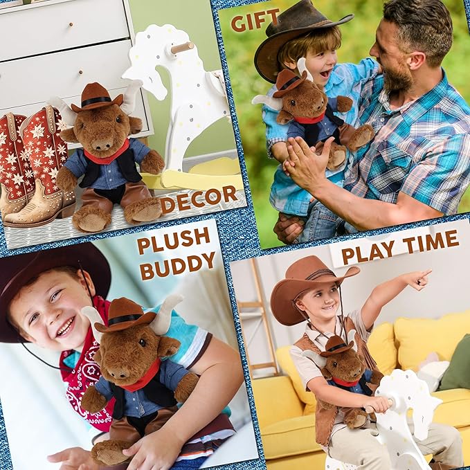 DolliBu Texas Longhorn Stuffed Animal Cowboy Plush with Name Personalization - Western-Themed Longhorn Plush with Cute Cowboy Costume Denim Shirt Vest, Bandana, Leather Pants, and Hat - 9 Inches