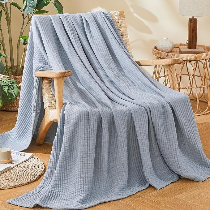 EMME Cotton Muslin Twin XL Blanket Breathable Gauze Soft Lightweight Blankets Adults Gifts for Women (Heather Dusty Blue, 66"x90")
