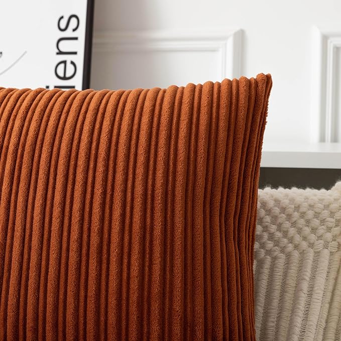 UGASA Fall Velvet 18x18 Inch Soft Throw Pillow Covers Decorative Corduroy Striped Both Sides Solid Square Cushion Cases Boho Farmhouse for Couch Bedroom Sofa Home, Pack of 2, Burnt Orange