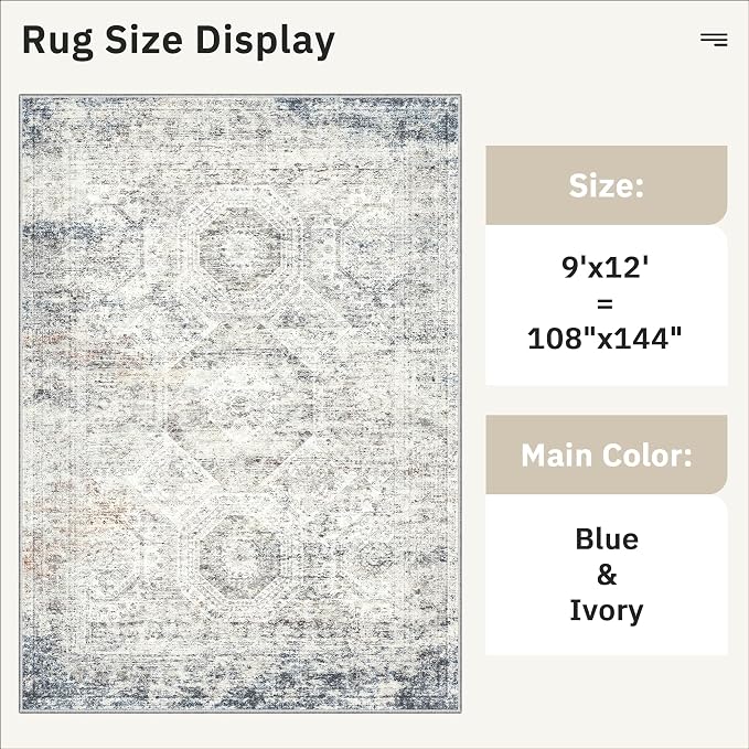 Soalmost 9x12 Area Rugs for Living Room Washable Rug Non-Slip Blue/Ivory | Large Vintage Stain Resistant Carpet for Dining Bedroom, Low Pile Lightweight Foldable Floor Mat Nursery Home Office Decor