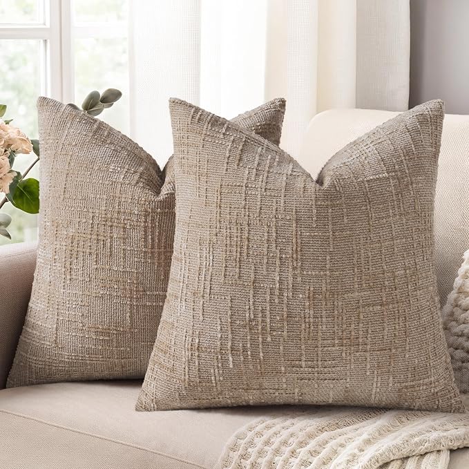 decorUhome Textured Chenille Throw Pillow Covers 24x24 Set of 2 Oatmeal | Fall Modern Farmhouse Soft Cozy Slubby Couch Pillow Cases Boho Decorative Pillow Cases for Bed Sofa Living Room Home Decor