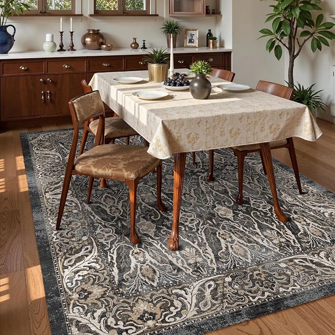 Washable Area Rug 8' x 10' Vintage Traditional Persian Mat - Foldable Distressed Non-Slip Machine Washable Carpet for Living Room Bedroom Kitchen Home Decor - Ebony and Taupe