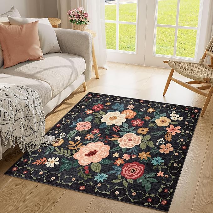 DUKINO 4x4 Square Area Rug, Soft Floral Washable Rug for Entryway, Black | Non Slip, Low Pile, Stain Resistant Indoor Rug for Kitchen, Bedroom, Living Room, Nursery, Pet Friendly, Modern Home Decor