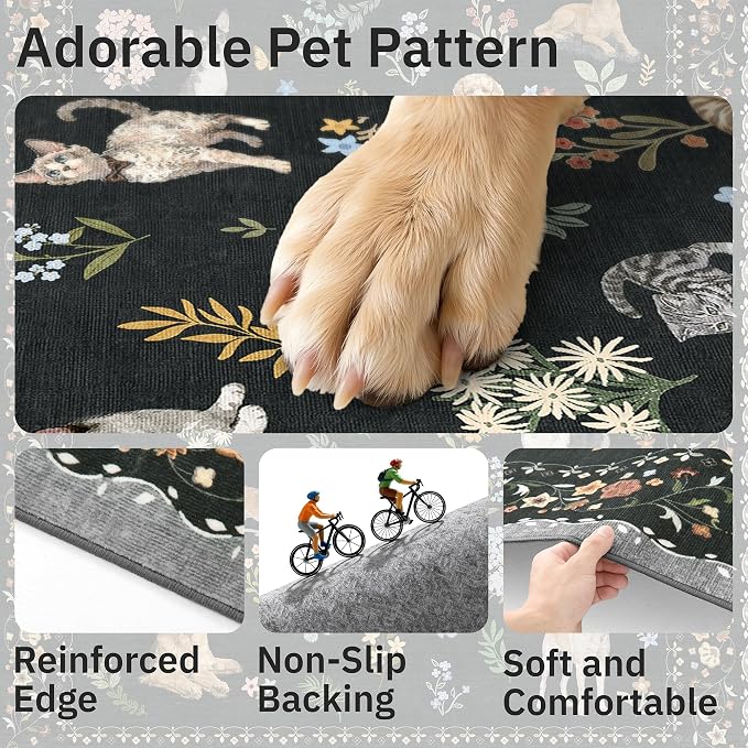 Soalmost Dog 6x9 Area Rugs for Living Room, Washable Animal Soft Rug Black | Floral Vintage Non-Slip Low Pile Cute Throw Rugs for Living Room Kitchen Dining Room Bedroom Nursery Playroom 5' x 7'