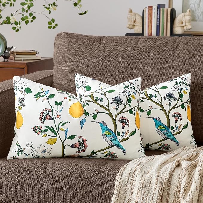 Ivory White Velvet Floral Decorative 12x20 Lumbar Pillow Covers Set of 2 | Durable and Sturdy,Botanical Printed Pattern,Throw Pillows Case,Rectangle,Colorful Farmhouse,Home Sofa Bed Couch Decor