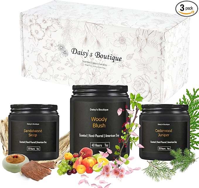 Scented Candles for Home Aromatherapy Candle Gift Present Set Soy Wax Long Lasting Gift Birthday Mother's Day Thanksgiving 3 Pack ((Sandalwood + Woody Blush + BlackCedarJuniper) Black Glass Jar)