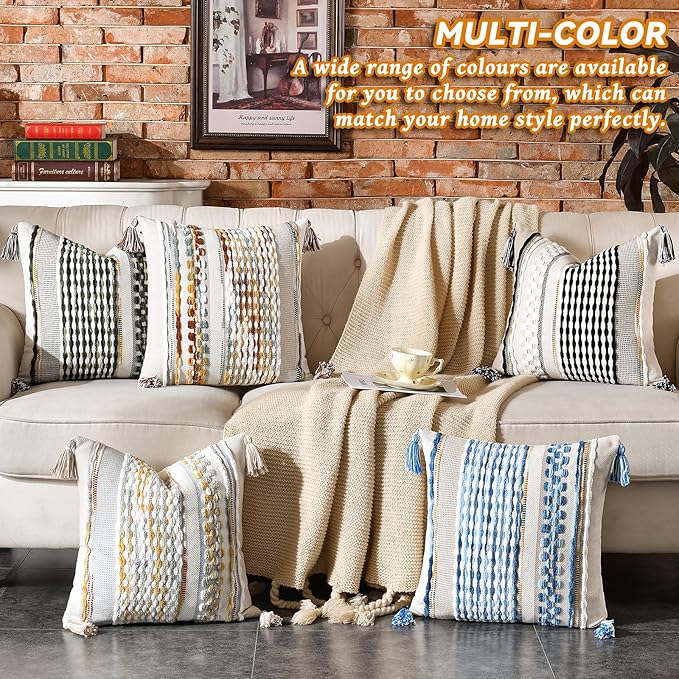 Set of 2 Chenille Striped Textured Boho Throw Pillow Covers Aesthetic with Tassels Woven Decorative Pillow Case for Couch Bed Sofa Bedroom Modern Funky 18 x 18-Inch Grey