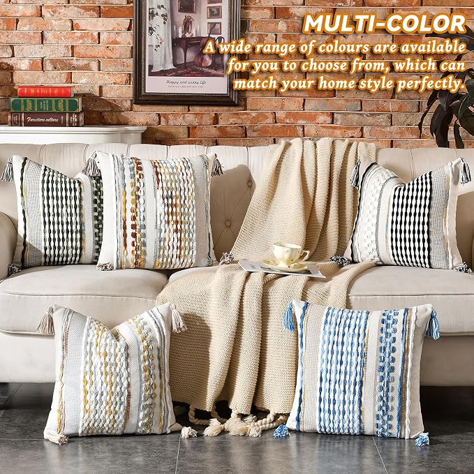 Chenille Striped Textured Boho Throw Pillow Covers Aesthetic with Tassels Woven Decorative Pillow Case for Couch Bed Sofa Bedroom Modern Funky 18 x 18-Inch Sky Blue