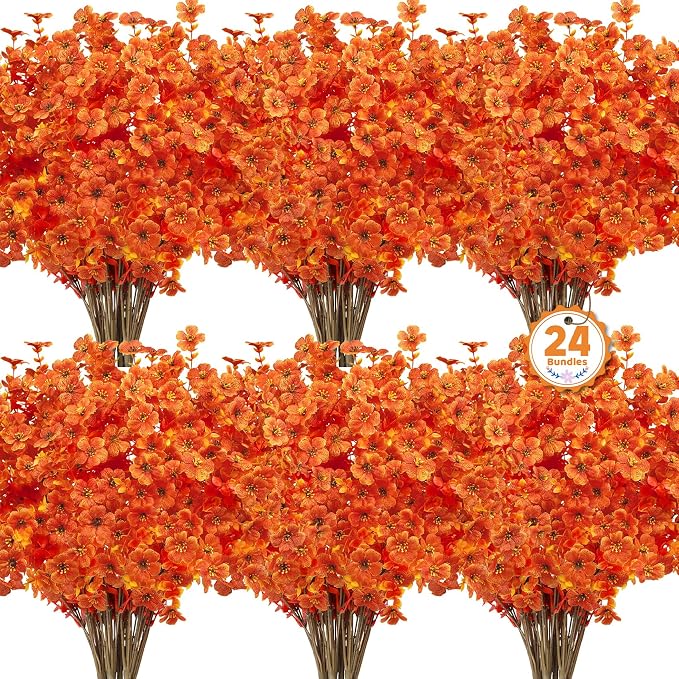 Ouddy Decor 24 Pcs Artificial Fall Flowers for Outdoors, Bright Orange | Lifelike faux mums, silk flower, UV resistant, no-maintenance, for autumn Thanksgiving garden porch yard indoor outdoor decor