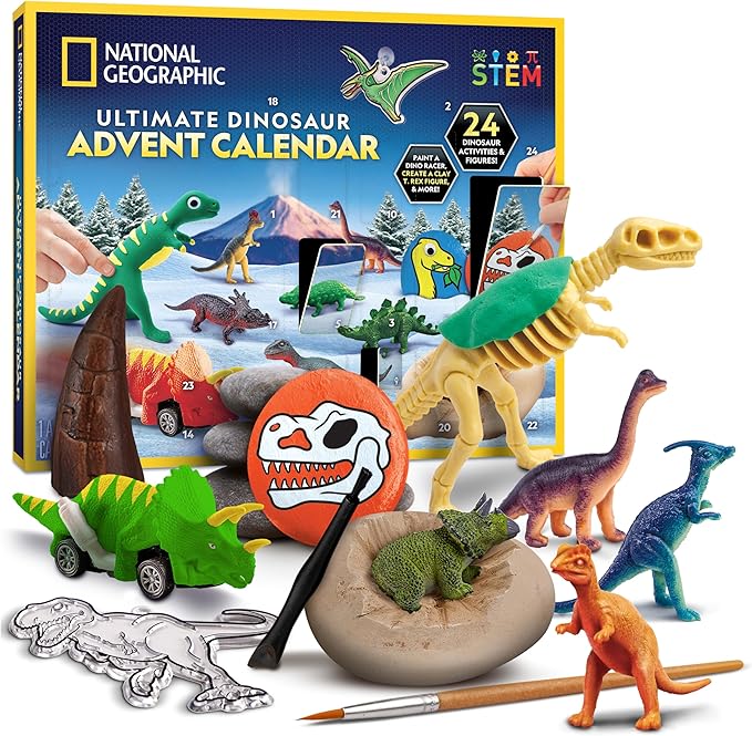 NATIONAL GEOGRAPHIC 2026 Dinosaur Advent Calendar - Countdown Calendar with 24 Dino Activities & Figures, Paint A Dinosaur Racer, Create a Clay T. Rex, Excavate a Dino Tooth Replica & More