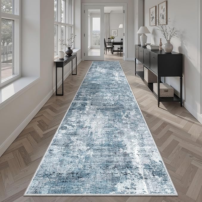 Soalmost Abstract Runner Rug 2x10 Hallway Kitchen Runners Blue/Grey | Stain Resistant Vintage Rugs for Bathroom Laundry Room, Low Pile Foldable Floor Carpet Mat for Entryway Corridor Bedroom