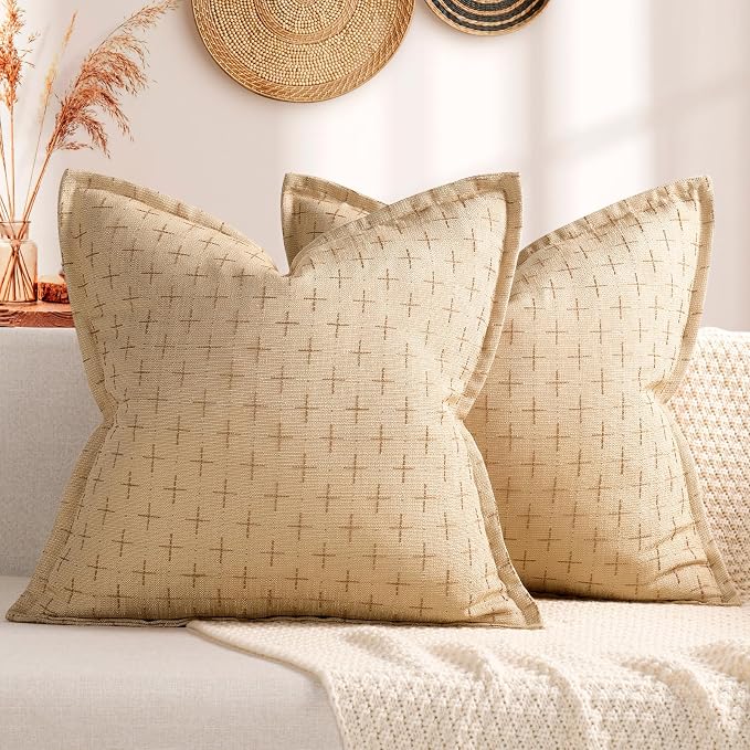 Pillow Covers 16x16 Set of 2 Soft Polyester Textured Pillow Covers with Stylish Flange Edge Cozy Farmhouse Throw Pillows for Couch Bed Sofa Living Room
