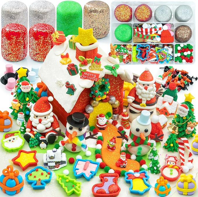 SIMPLIPLAY Christmas Sensory Dough Kit with 6 PCS 18oz Glitter Doughs & Accessories(280+pcs), DIY Christmas Crafts Kids, Stocking Stuffers for Kids, Build a Snowman Kit with Ornaments Creative Gift