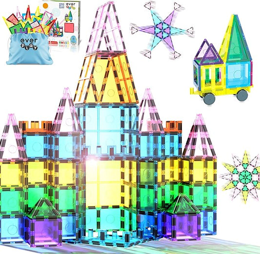 61pc Magnet Tile Building Blocks with Car Base Drawstring Carry Bag Magnetic Construction Toy Structure Build Magnets Toyset Preschool Montessori Toys for Sensory STEAM Education Age 3+ EP61