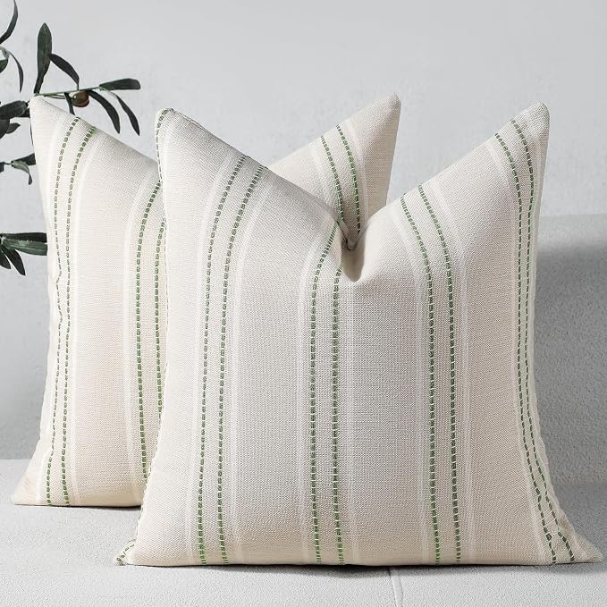 Hckot Sage Green Throw Pillow Covers 22x22 Set of 2 Striped Pillow Covers Spring Decorative Pillows Square Cushion Covers for Sofa Couch Bed Living Room Farmhouse Decor,Green