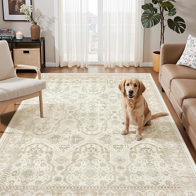 Soalmost 3x5 Rugs, Small Washable Kitchen Entryway Area Rug Beige/Brown | Vintage Low Pile Carpet for Nursery Coffee Table Bathroom, Foldable Stain Resistant Indoor Door Mat Entrance Powder Room