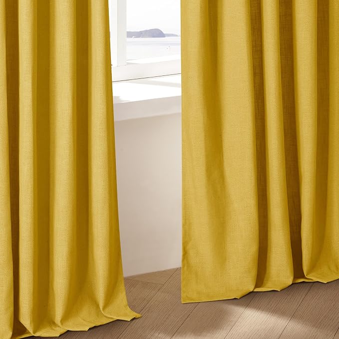 Mustard Yellow Pleated Semi Sheer Linen Curtains 96 Inches Long 2 Panel Set | 400GSM Fabric, Light Filtering, Pinch Pleat with Rings Hooks Drapes, Spring Farmhouse Rustic, for Bedroom Living Room