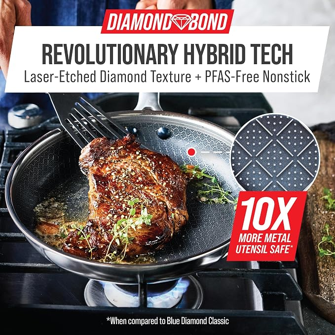 Blue Diamond Hybrid 2 Piece (8"&10") Stainless Steel Nonstick Fry Pan Set | PFAS-Free Ceramic Nonstick Skillets, Powerful Searing, Induction & All Cooktop Ready, Dishwasher and Oven Safe
