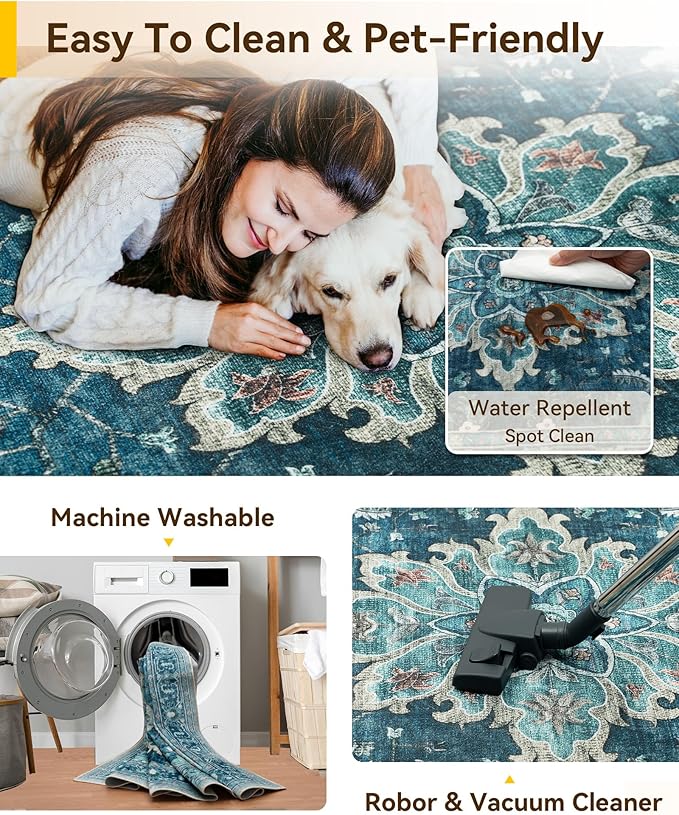 RELEANY Area Rugs 8'x10' Washable Non-Slip, Floral Vintage Distress Medallion Carpet for Living Room Bedroom Dining Room, Teal Green Lake Blue Turquoise