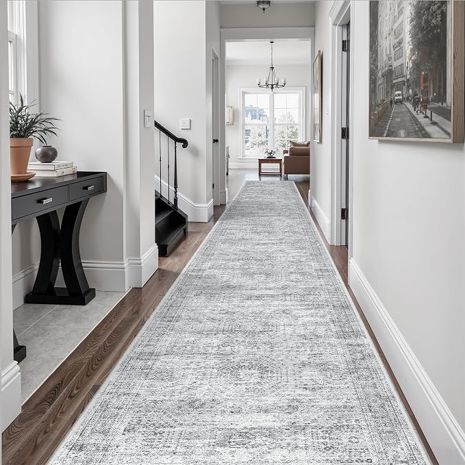 Soalmost Washable Hallway Runner Rug 3x16 Kitchen Entry Rugs Non-Slip, Grey | Vintage Extra Long Runners 16ft for Bathroom Entryway, Foldable Low-Pile Wide Floor Carpet for Corridor Living Room Bedroom
