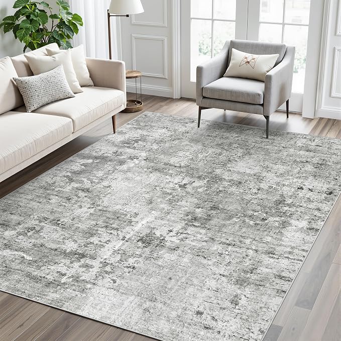 Soalmost Abstract Rug 5x7 Washable Area Rugs for Living Room, Gray/White | Vintage Non-Slip Indoor Accent for Bedroom Dining, Foldable Stain Resistant Floor Carpet Mat Under Table Home Office Decor