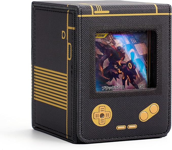 Retro Gaming Console Appearance MTG Deck Box with Commander Display, Card Deck Case Fit 120 Single Sleeved Cards, PU Leather Magnetic Card Storage Box with 2 Dividers, Compatible with TCG/PTCG (Black)