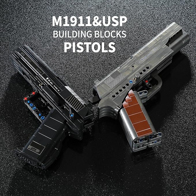 M1911 & USP Building Blocks Guns Compatible with Lego - 1:1 Scale Model Pistol Building Sets with Trigger Action, Ideal Gift for Boys Kids Ages 8+, Adults & Collectors
