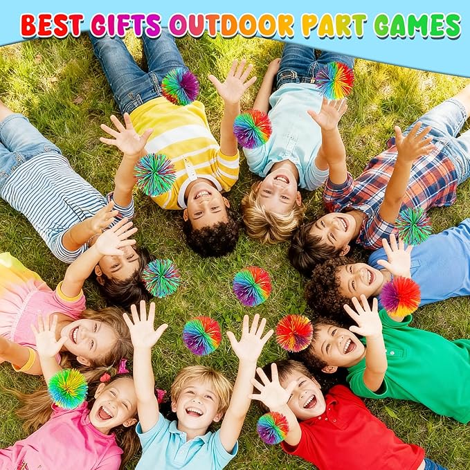 14PCS Stringy Balls, Sensory Stringy Ball, 2.75 inch Soft Rainbow Pom Bouncy, Stocking Stuffers for Kids, Monkey Pom Balls Fidget Toys Stress Ball, Birthday Gifts for Boys Girls Ages 3+