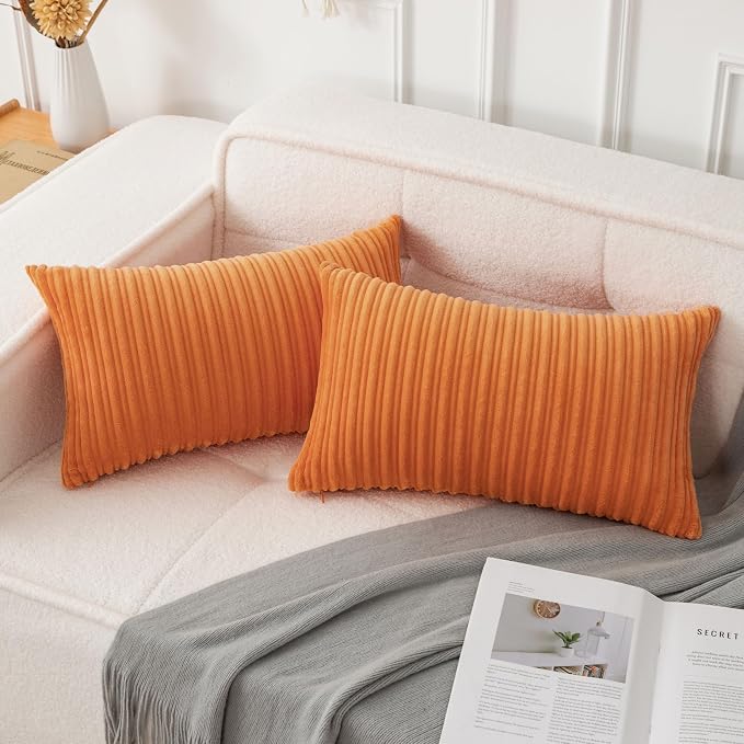 UGASA 12x24 Inch Pillow Cover Pack of 1 Soft Boho Stripe Corduroy Long Rectangle Lumbar Cushion Case Farmhouse Decorative Throw Pilowcase for Bed, Couch, Sofa, Bedroom, Living Room, Orange