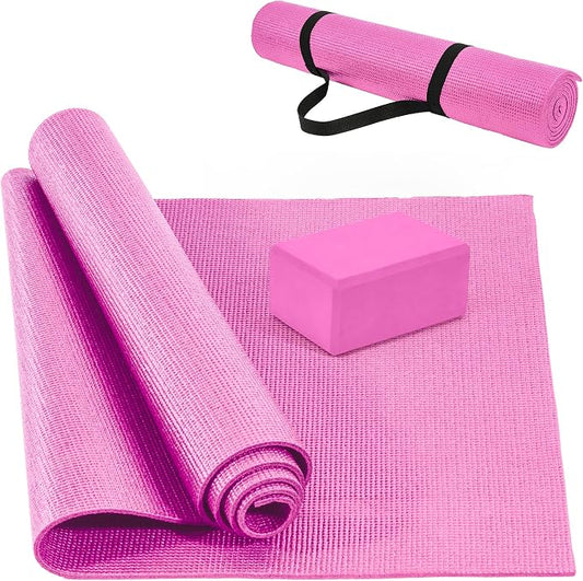 Signature Fitness All Purpose 0.25 Inch Thick High Density No Tear Exercise Yoga Mat with Strap & Lightweight Features for Indoor & Outdoor Use, Pink