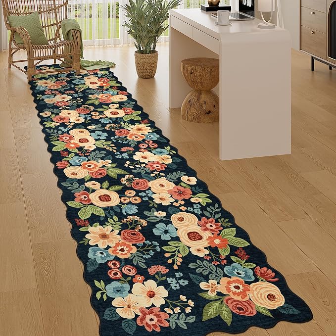 DUKINO 2.6x10 Runner Rug for Hallway, Washable Rug Non Slip, Navy Blue | Non Slip, Low Pile, Soft, Floral Indoor Throw Rug Runner for Entryway, Bedroom, Bathroom, Laundry, Pet Friendly, Home Decor