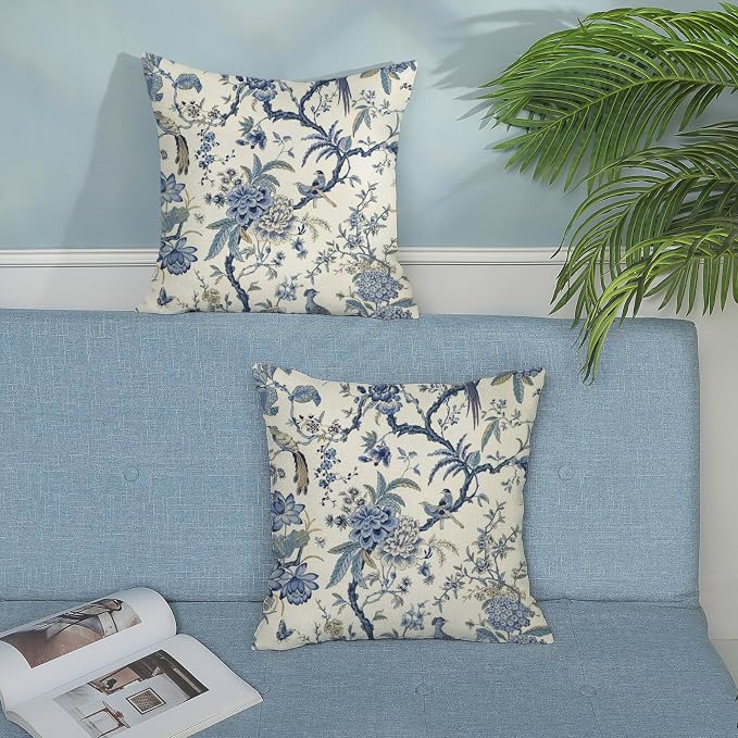 Chinoiserie Floral Bird Pillow Covers 22x22 Set of 2 Blue Chinoiserie Flowers Decorative Pillow Cases Outdoor Decor Blue and Cream Throw Pillows Farmhouse Linen Cushion Cover for Couch Home