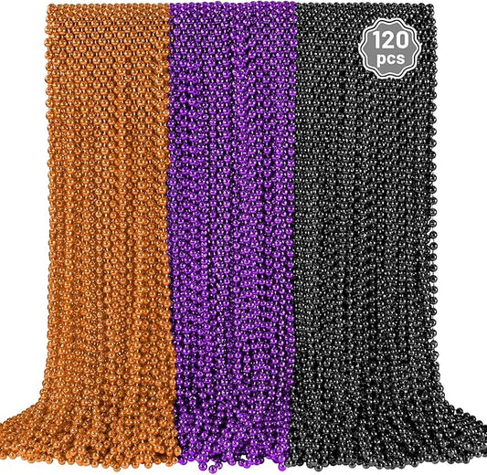 120 PCS Halloween Beads Necklaces, Purple Black Orange Party Beads 33'' Halloween Necklaces Accessories Party Stuff for Trick or Treat Decorations