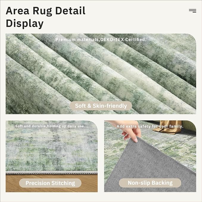 Soalmost Round Rugs 9ft Living Room Circle Area Rug 9x9 Green/Ivory Vintage | Washable Non Slip Abstract Carpet for Apartment, Dining Bedroom, Soft Low Pile Stain Resistant Foldable Floor Mat Entryway