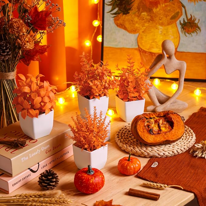 Der Rose 4 Pack Fall Fake Plants in White Pots, Autumn Bathroom Home Decor | Warm orange faux plants, Autumn fall seasonal accents, for shelf windowsill desk bathroom office and Halloween decor