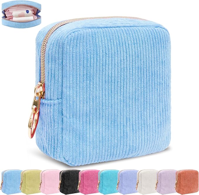 Period Bag for Girls, Corduroy Period Kit with Sanitary Pad Pouch, Menstrual Storage Bag and Tampon Holder for Purse, Girls School Essentials,Feminine Care Organizer(Bule)