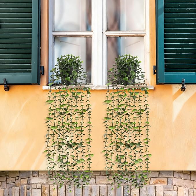 Waipfaru 2Pcs Fake Hanging Plants with Pot, Potted Faux Eucalyptus | Fake Vines Ivy Artificial Plants Outdoor Faux Plants Indoor Bedroom Living Room Boho Wall Porch Shelf Decor