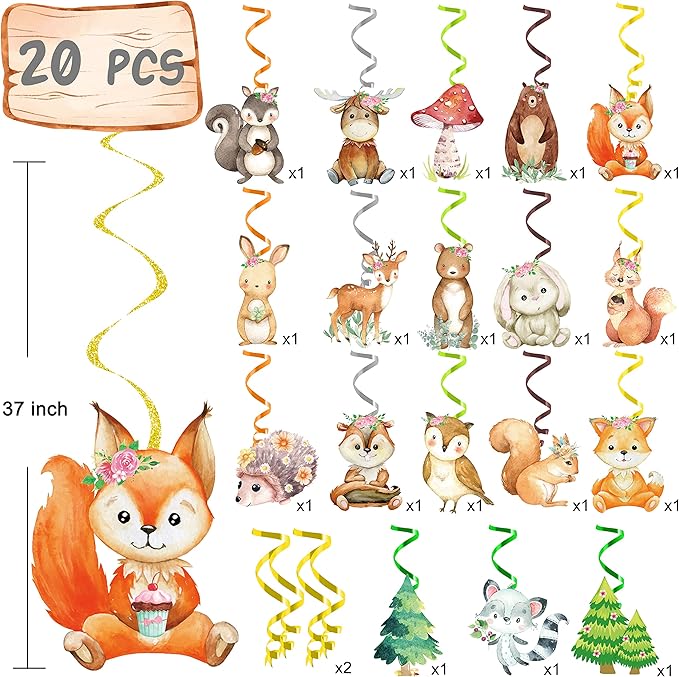 Woodland Party Decorations 20pcs Woodland Animals Hanging Swirls Forest Animals Foil Ceiling Decorations for Woodland Theme Birthday Party Baby Shower Supplies