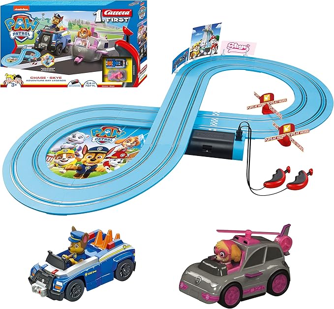 Carrera First Paw Patrol - Slot Car Race Track - Includes 2 Cars: Chase and Skye - Battery-Powered Beginner Racing Set for Kids Ages 3 Years and Up, Multi