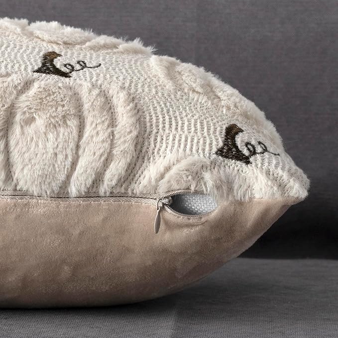 Fall Pumpkin Decorative Lumbar Pillow Covers 12x20 Set of 2, Beige Soft Plush Faux Fur Wool Farmhouse Throw Cushion Cases for Autumn Thanksgiving Holiday Home Decorations