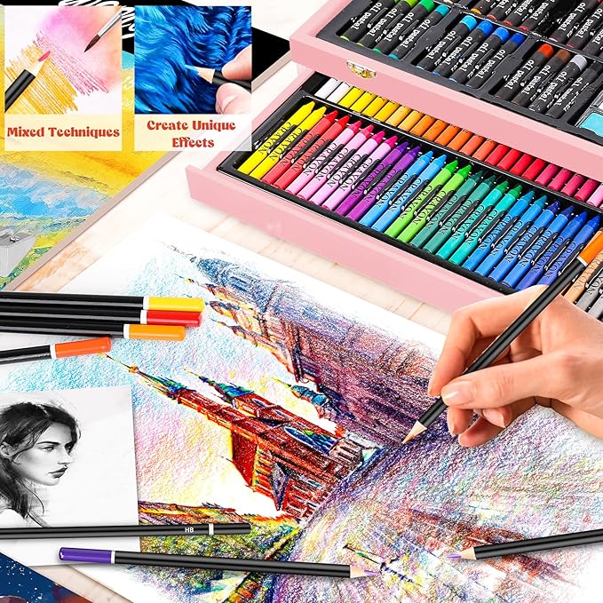 Caliart Art Supplies, 153-Pack Deluxe Wooden Art Set Crafts Drawing Painting Coloring Supplies Kit with 2 A4 Sketch Pads, Halloween Creative Gift Box for Adults Artist Beginners