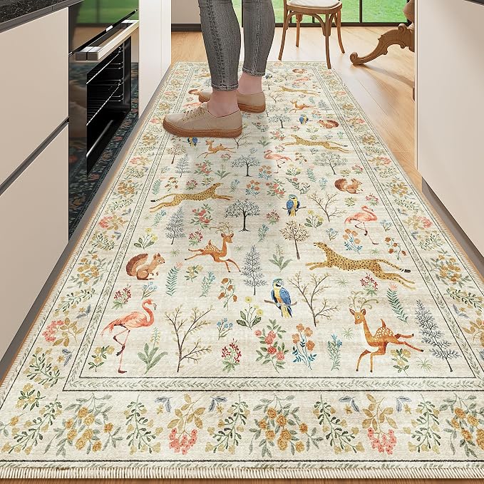 DUKINO 3x6 Kitchen Runner Rug, Washable Animal Rug for Hallway, Beige | Non Slip, Low Pile, Soft Indoor Carpet for Entryway, Bedroom, Bathroom, Laundry, Lightweight, Pet Friendly, Stain Resistant