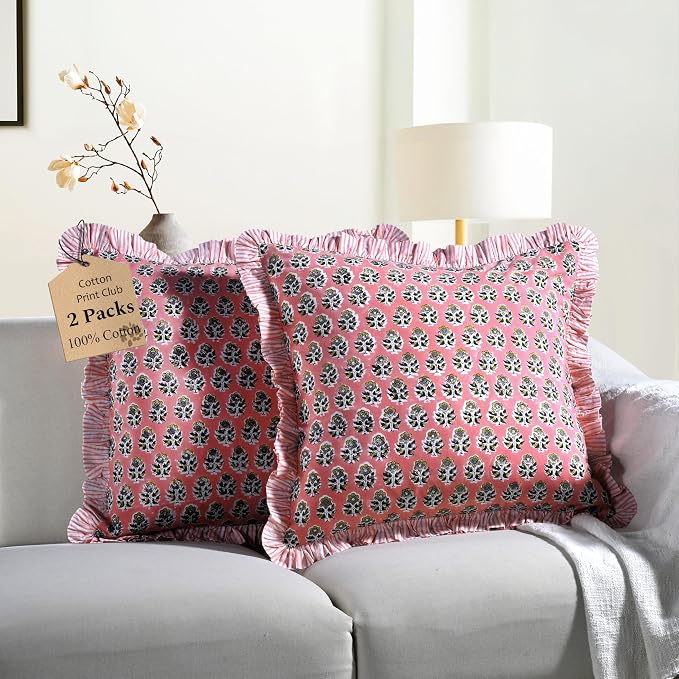 CPC Poppy Pink Ruffle Throw Pillow Covers for Couch, 24x24 Inch Cotton Stripe Ruffle Couch Pillows for Living Room, Hidden 20 Inch Zipper Boho Pillow Case or Cute Outdoor Pillows