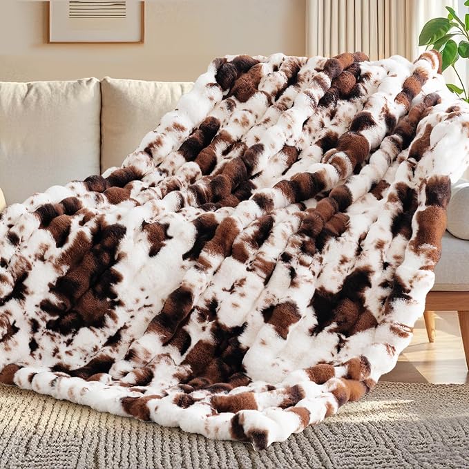 Cow Print Blanket for Couch, Faux Fur Throw Blanket, Super Heavy Warm Cozy Blankets for Bed Sofa, Bubble Plush Fuzzy Soft Mink Blanket for Living Room Bedroom, Cow Brown