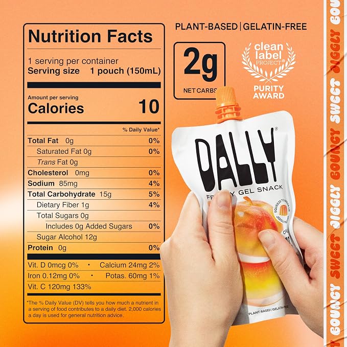Dally Peach Drinkable Konjac Jelly, 10 Pouches, Korean Fruit Snack | Sugar free, keto and gluten free; prebiotics, postbiotics and vitamin C for skin and immune health