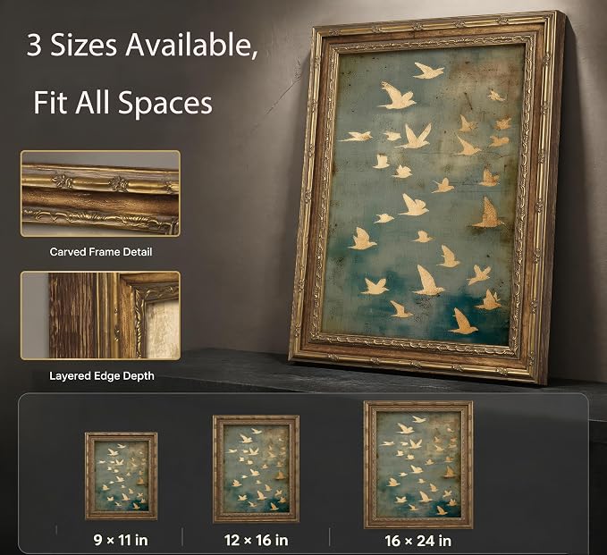 Vintage Gold Framed Wall Art, Golded Inspired Abstract Birds Canvas Prints, Flock of Flying Birds Picture Wall Decor, Rustic Farmhouse Minimalist Animals Poster Artwork for Living Room Bedroom