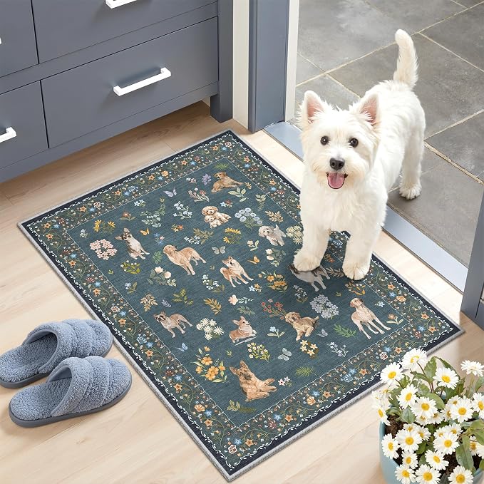Soalmost 2x3 Dog Rugs for Entryway, Washable Door Mat Soft Rug Navy Blue | Floral Small Cute Animal Area Rug Non-Slip Low Pile Throw Rugs for Entrance Kitchen Indoor Front Door Kids Room 2' x 3'