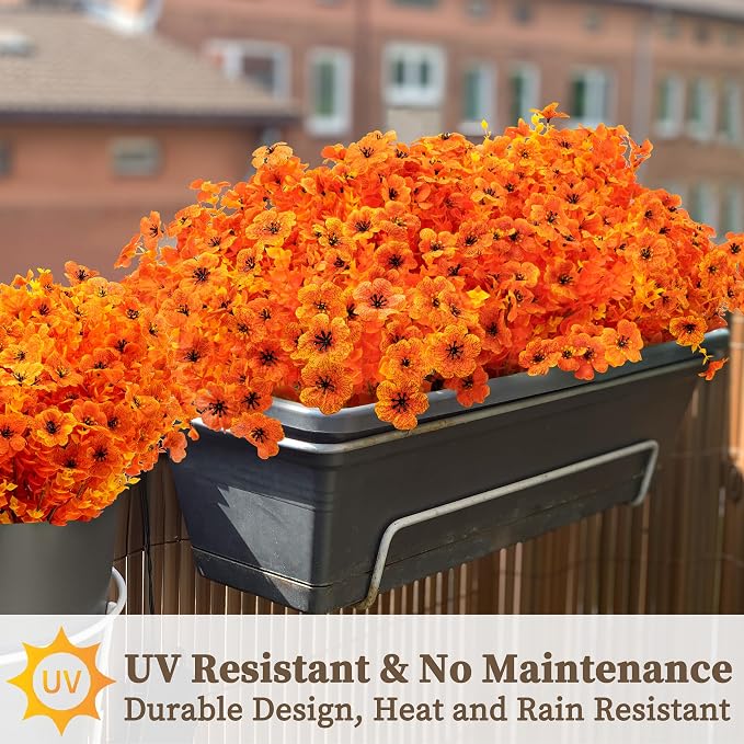 ColoPlay 18 Bundles Artificial Mums for Outdoors, Fake Flowers Fall Decor | Faux Mums for Outdoor Planters, Eucalyptus Leaves UV Resistant Fake Plants for Home Porch Box Wedding Farmhouse(Orange)